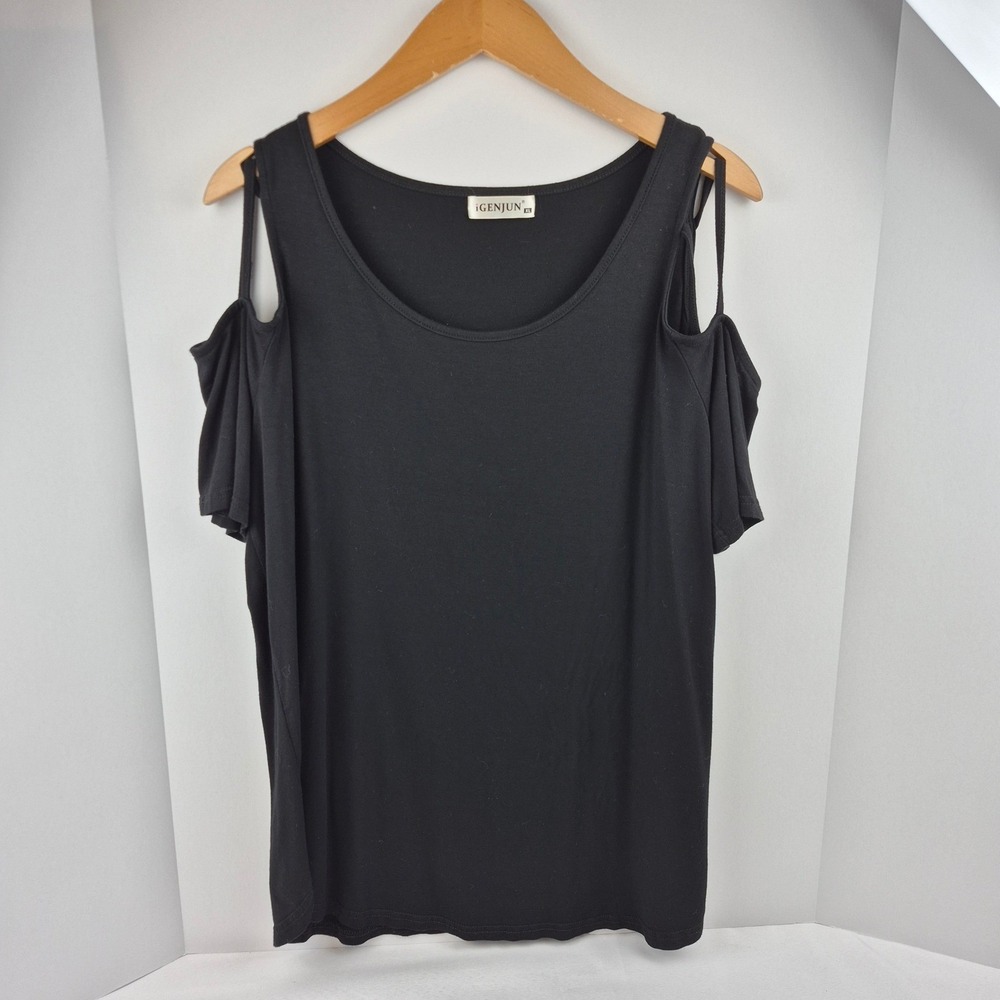 iGENJUN Black Cold Shoulder‎ T-shirt Top Womens XL Cut Out Short Sleeve Stretch